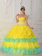 Yellow Ball Gown Strapless Floor-length Organza Beading and Ruffles Quinceanera Dress