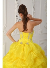 Yellow Ball Gown Strapless Floor-length Organza Beading and Ruffles Quinceanera Dress