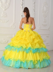 Yellow Ball Gown Strapless Floor-length Organza Beading and Ruffles Quinceanera Dress