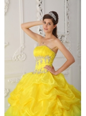 Yellow Ball Gown Strapless Floor-length Organza Beading and Ruffles Quinceanera Dress