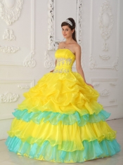 Yellow Ball Gown Strapless Floor-length Organza Beading and Ruffles Quinceanera Dress