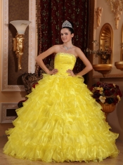 Yellow Ball Gown Strapless Floor-length Organza Beading Quinceanera Dress