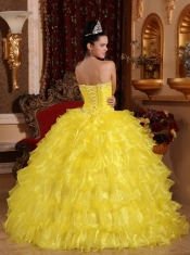 Yellow Ball Gown Strapless Floor-length Organza Beading Quinceanera Dress