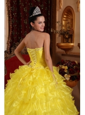 Yellow Ball Gown Strapless Floor-length Organza Beading Quinceanera Dress