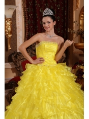 Yellow Ball Gown Strapless Floor-length Organza Beading Quinceanera Dress