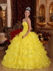 Yellow Ball Gown Strapless Floor-length Organza Beading Quinceanera Dress