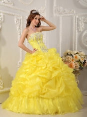 Yellow Ball Gown Strapless Floor-length Organza Beading Quinceanera Dress