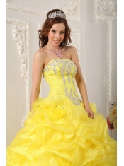 Yellow Ball Gown Strapless Floor-length Organza Beading Quinceanera Dress