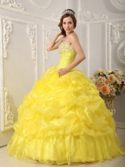 Yellow Ball Gown Strapless Floor-length Organza Beading Quinceanera Dress