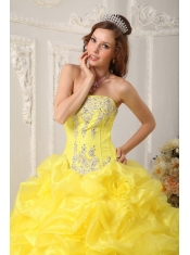 Yellow Ball Gown Strapless Floor-length Organza Beading Quinceanera Dress