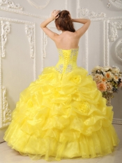 Yellow Ball Gown Strapless Floor-length Organza Beading Quinceanera Dress