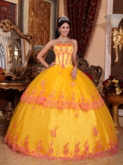 Yellow Ball Gown Strapless Floor-length Organza Lace Appliques Quinceanera Dress