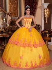 Yellow Ball Gown Strapless Floor-length Organza Lace Appliques Quinceanera Dress