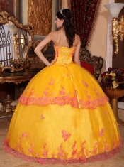 Yellow Ball Gown Strapless Floor-length Organza Lace Appliques Quinceanera Dress