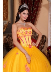 Yellow Ball Gown Strapless Floor-length Organza Lace Appliques Quinceanera Dress