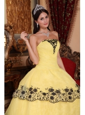 Yellow Ball Gown Strapless Floor-length Organza Lace Appliques Quinceanera Dress