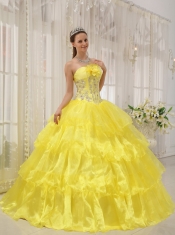 Yellow Ball Gown Strapless Floor-length Taffeta and Organza Beading Quinceanera Dress