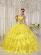 Yellow Ball Gown Strapless Floor-length Taffeta and Organza Beading Quinceanera Dress