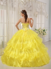 Yellow Ball Gown Strapless Floor-length Taffeta and Organza Beading Quinceanera Dress