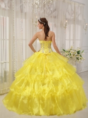 Yellow Ball Gown Strapless Floor-length Taffeta and Organza Beading Quinceanera Dress