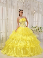 Yellow Ball Gown Strapless Floor-length Taffeta and Organza Beading Quinceanera Dress