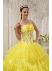 Yellow Ball Gown Strapless Floor-length Taffeta and Organza Beading Quinceanera Dress