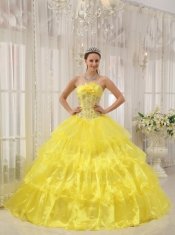 Yellow Ball Gown Strapless Floor-length Taffeta and Organza Beading Quinceanera Dress