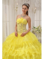 Yellow Ball Gown Strapless Floor-length Taffeta and Organza Beading Quinceanera Dress