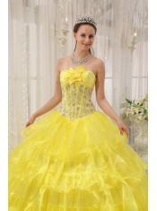 Yellow Ball Gown Strapless Floor-length Taffeta and Organza Beading Quinceanera Dress