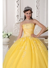 Yellow Ball Gown Strapless Floor-length Taffeta and Tulle Appliques Sweet 16 Dress