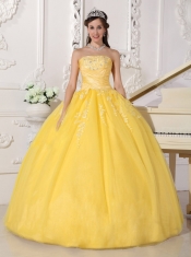 Yellow Ball Gown Strapless Floor-length Taffeta and Tulle Appliques Sweet 16 Dress Yellow Ball Gown Strapless Floor-length Taffeta and Tulle Appliques Sweet 16 Dress