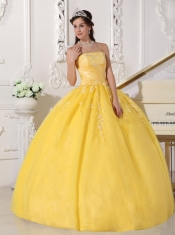 Yellow Ball Gown Strapless Floor-length Taffeta and Tulle Appliques Sweet 16 Dress