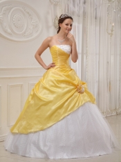 Yellow Ball Gown Strapless Floor-length Taffeta and Tulle Beading Quinceanera Dress