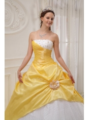 Yellow Ball Gown Strapless Floor-length Taffeta and Tulle Beading Quinceanera Dress