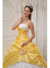 Yellow Ball Gown Strapless Floor-length Taffeta and Tulle Beading Quinceanera Dress