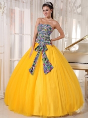 Yellow Ball Gown Strapless Floor-length Tulle and Printing Sequins Quinceanera Dress