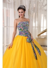 Yellow Ball Gown Strapless Floor-length Tulle and Printing Sequins Quinceanera Dress