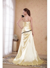 Yellow Column / Sheath One Shoulder Floor-length Elastic Woven Satin Ruch Prom Dress