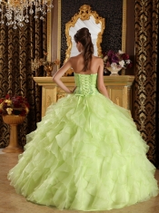 Yellow Green Ball Gown Strapless Floor-length Taffeta and Organza Embroidery with Beading Quinceanera Dress