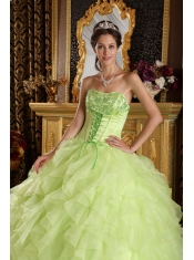 Yellow Green Ball Gown Strapless Floor-length Taffeta and Organza Embroidery with Beading Quinceanera Dress