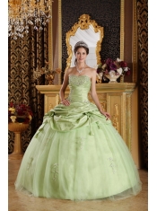 Yellow Green Ball Gown Strapless Floor-length Tulle and Taffeta Beading Quinceanera Dress