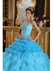 Aqua Blue Ball Gown One Shoulder Floor-length Satin and Organza Beading Quinceanera Dress