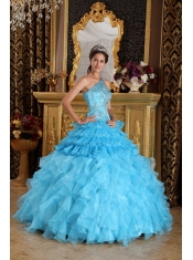 Aqua Blue Ball Gown One Shoulder Floor-length Satin and Organza Beading Quinceanera Dress