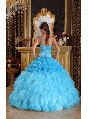 Aqua Blue Ball Gown One Shoulder Floor-length Satin and Organza Beading Quinceanera Dress