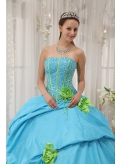 Baby Blue and Spring Green Quinceanera Dress Strapless Taffeta Beading and Hand Flowers