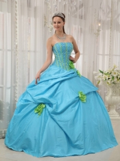 Baby Blue and Spring Green Quinceanera Dress Strapless Taffeta Beading and Hand Flowers