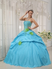 Baby Blue and Spring Green Quinceanera Dress Strapless Taffeta Beading and Hand Flowers