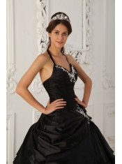 Black A-Line / Princess Halter Floor-length Taffeta Appliques Quinceanera Dress