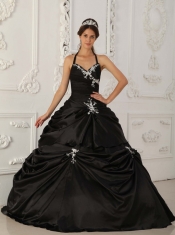 Black A-Line / Princess Halter Floor-length Taffeta Appliques Quinceanera Dress