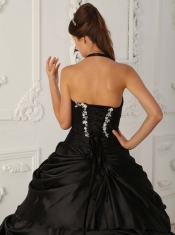 Black A-Line / Princess Halter Floor-length Taffeta Appliques Quinceanera Dress